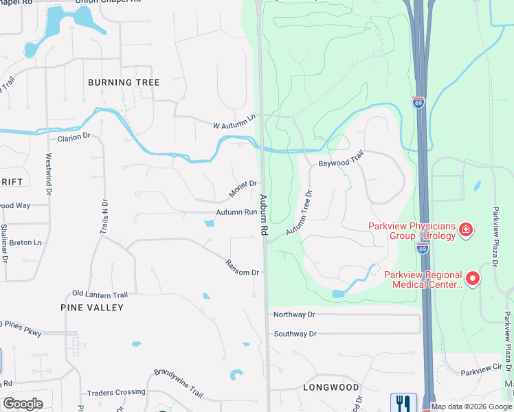 map of restaurants, bars, coffee shops, grocery stores, and more near 11702 Monet Court in Fort Wayne