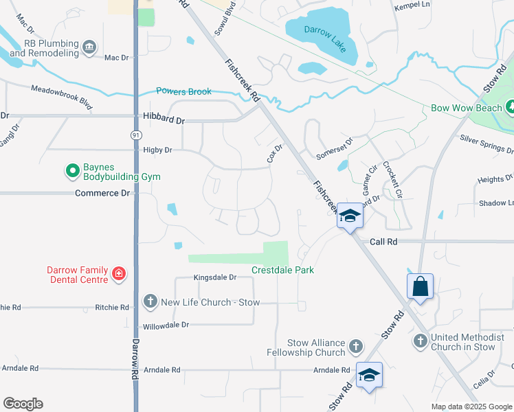 map of restaurants, bars, coffee shops, grocery stores, and more near 4525 Cox Drive in Stow