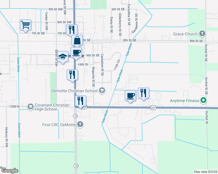 map of restaurants, bars, coffee shops, grocery stores, and more near 1218 Daisy St SE in De Motte