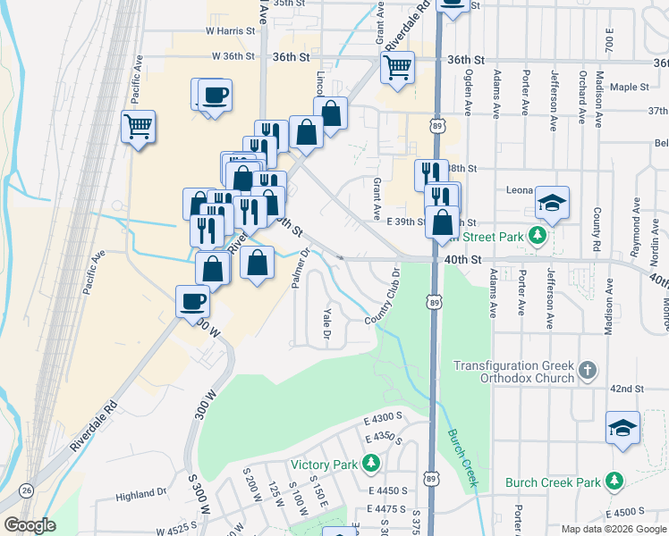 map of restaurants, bars, coffee shops, grocery stores, and more near 201 Country Club Drive in Ogden
