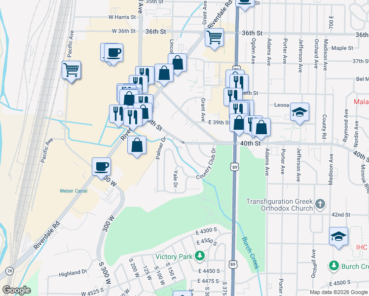 map of restaurants, bars, coffee shops, grocery stores, and more near 243 East Burch Creek Place in South Ogden