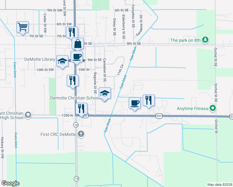 map of restaurants, bars, coffee shops, grocery stores, and more near 1218 Daisy St SE in De Motte