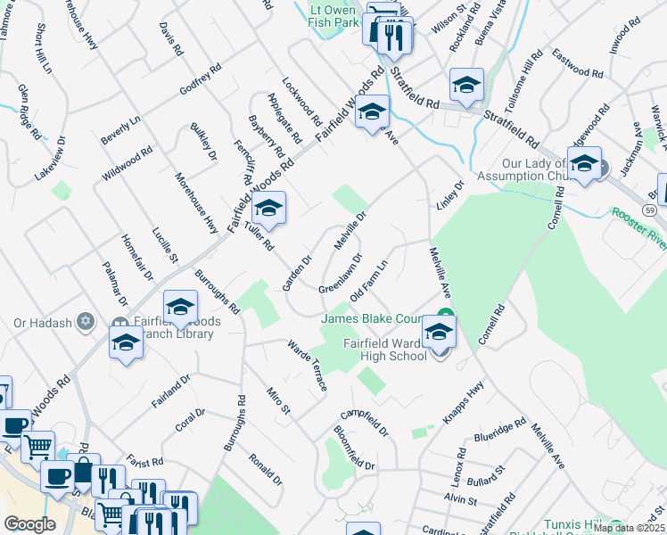 map of restaurants, bars, coffee shops, grocery stores, and more near 24 Greenlawn Drive in Fairfield