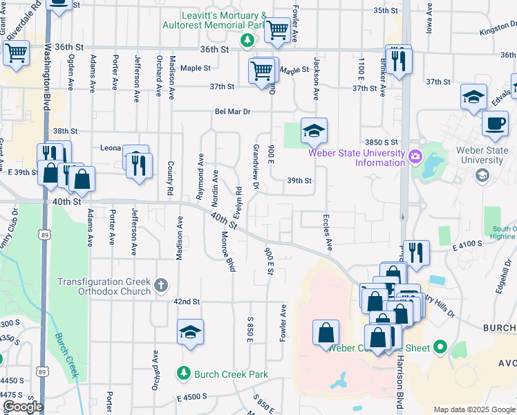 map of restaurants, bars, coffee shops, grocery stores, and more near 3951 South 875 East in Ogden