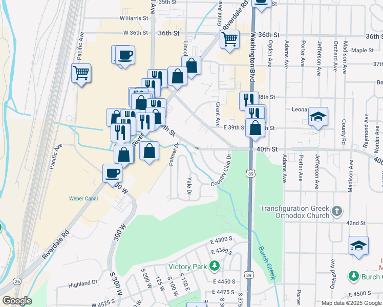 map of restaurants, bars, coffee shops, grocery stores, and more near Burch Creek Way in South Ogden