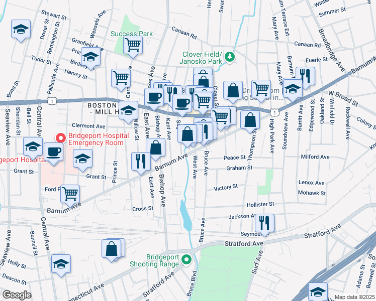map of restaurants, bars, coffee shops, grocery stores, and more near 2440 Barnum Avenue in Stratford