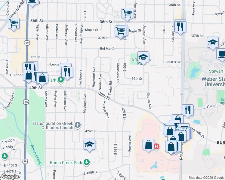 map of restaurants, bars, coffee shops, grocery stores, and more near 3940 Gramercy Avenue in Ogden