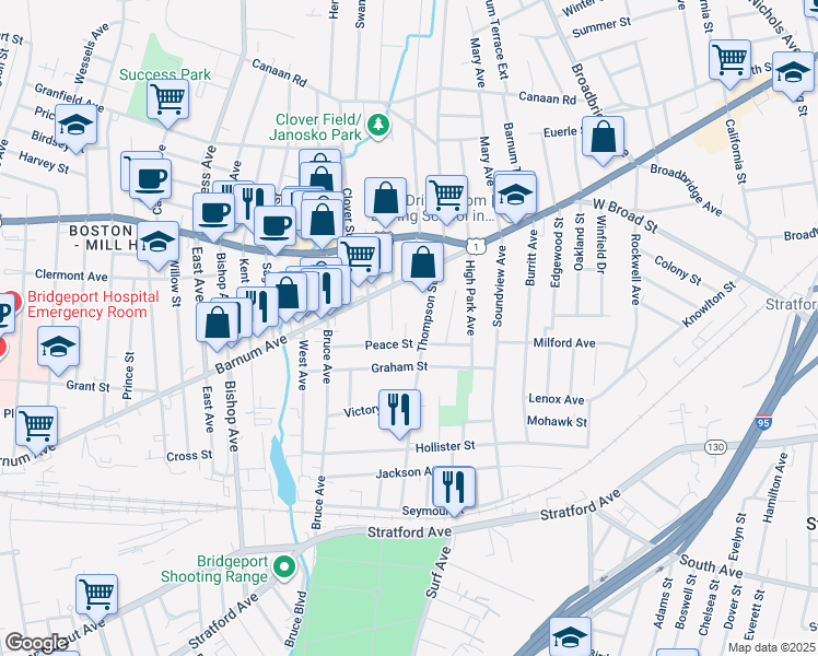 map of restaurants, bars, coffee shops, grocery stores, and more near 42 Peace Street in Stratford