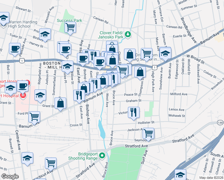 map of restaurants, bars, coffee shops, grocery stores, and more near 421 Bruce Avenue in Stratford
