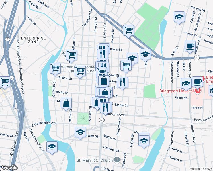 map of restaurants, bars, coffee shops, grocery stores, and more near 1126 East Main Street in Bridgeport