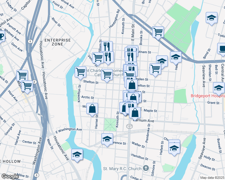 map of restaurants, bars, coffee shops, grocery stores, and more near 189 Park Street in Bridgeport