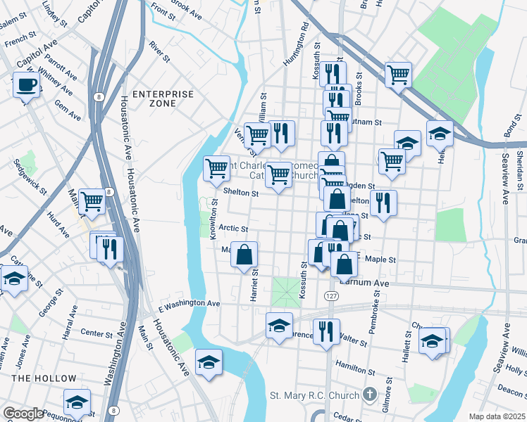 map of restaurants, bars, coffee shops, grocery stores, and more near 6 William Place in Bridgeport