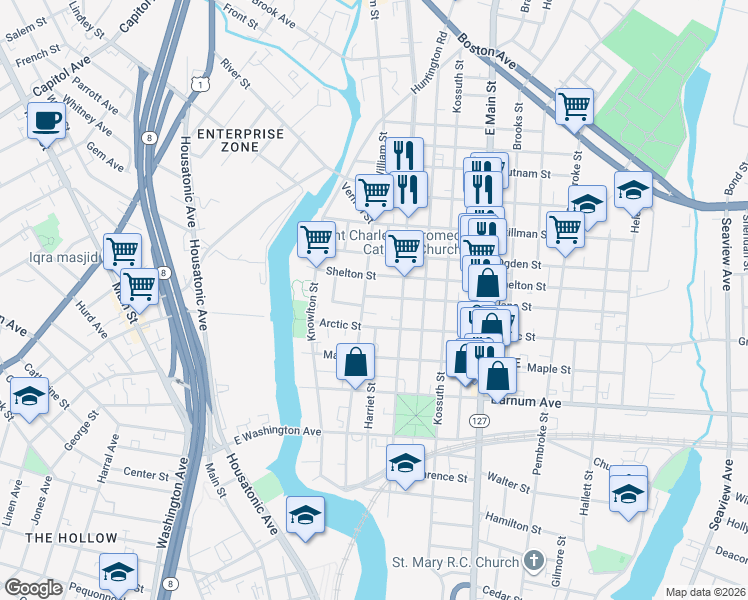 map of restaurants, bars, coffee shops, grocery stores, and more near 6 William Place in Bridgeport