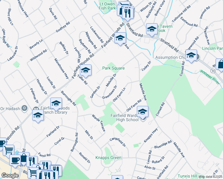 map of restaurants, bars, coffee shops, grocery stores, and more near 24 Greenlawn Drive in Fairfield