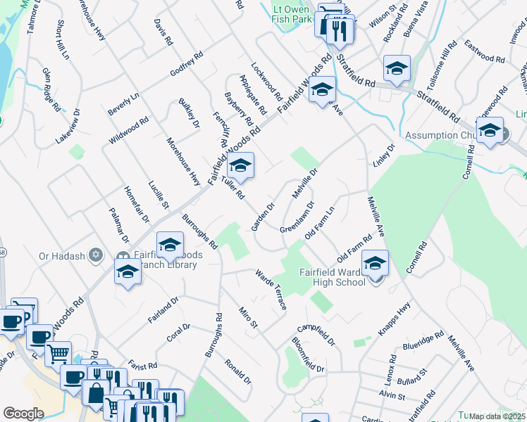 map of restaurants, bars, coffee shops, grocery stores, and more near 56 Greenlawn Drive in Fairfield