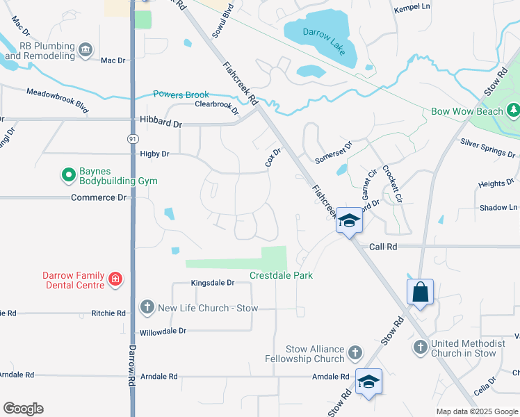 map of restaurants, bars, coffee shops, grocery stores, and more near 4750 Waterford Circle in Stow