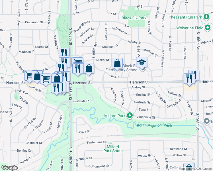 map of restaurants, bars, coffee shops, grocery stores, and more near 6908 South 164th Avenue in Omaha