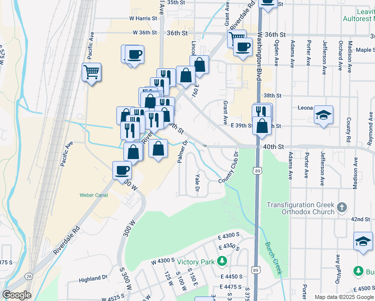 map of restaurants, bars, coffee shops, grocery stores, and more near 194 Country Club Drive in Ogden