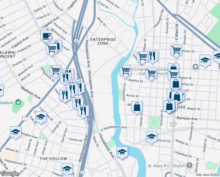 map of restaurants, bars, coffee shops, grocery stores, and more near 560 North Washington Avenue in Bridgeport