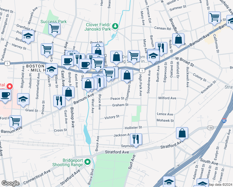 map of restaurants, bars, coffee shops, grocery stores, and more near 186 Otis Street in Stratford