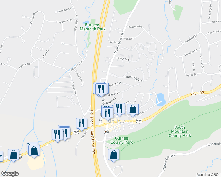 map of restaurants, bars, coffee shops, grocery stores, and more near 4 Brevoort Drive in Pomona