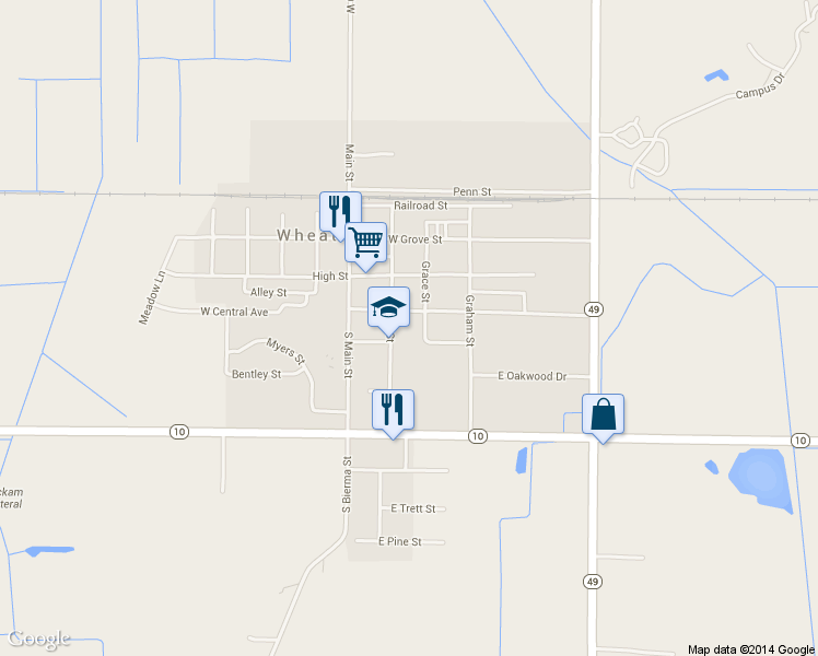 map of restaurants, bars, coffee shops, grocery stores, and more near 251 South Center Street in Wheatfield