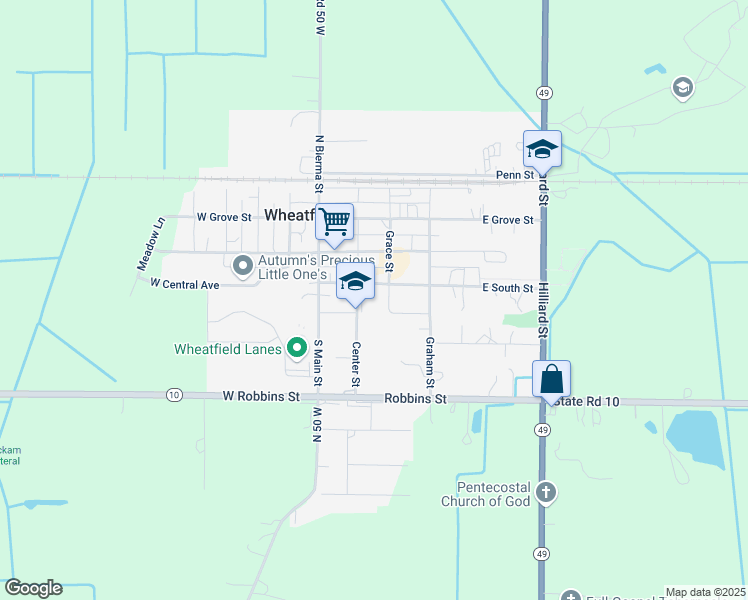 map of restaurants, bars, coffee shops, grocery stores, and more near 251 South Center Street in Wheatfield