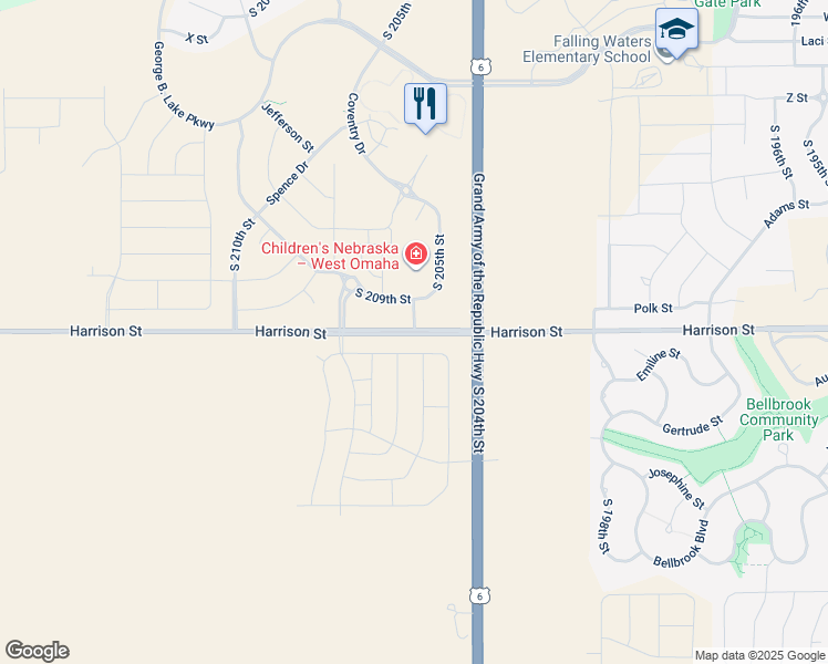 map of restaurants, bars, coffee shops, grocery stores, and more near 20502 Harrison Street in Gretna