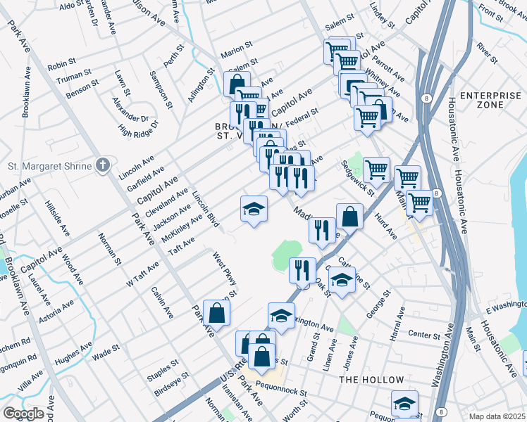 map of restaurants, bars, coffee shops, grocery stores, and more near 152 Morgan Avenue in Bridgeport