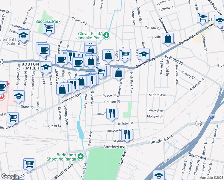 map of restaurants, bars, coffee shops, grocery stores, and more near 42 Peace Street in Stratford