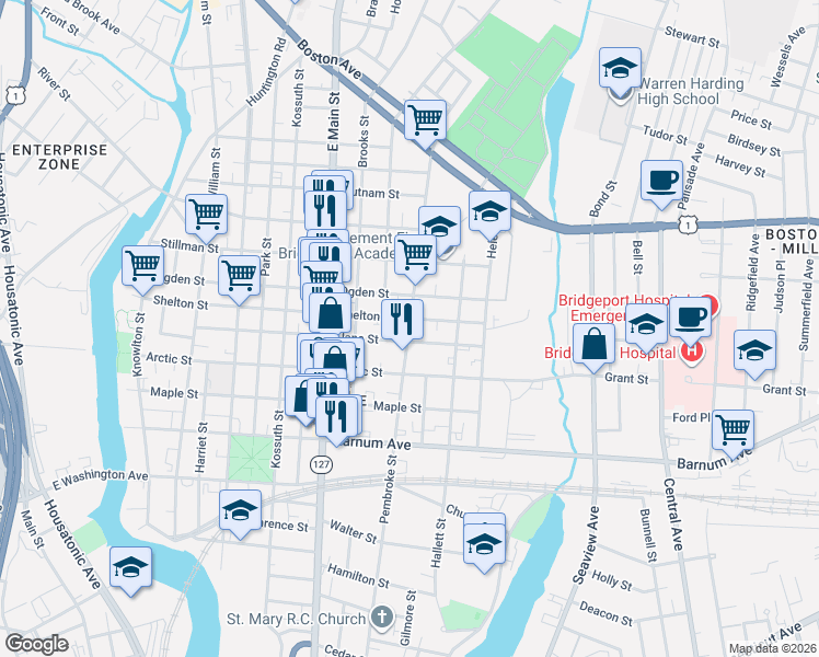 map of restaurants, bars, coffee shops, grocery stores, and more near 1167 Pembroke Street in Bridgeport