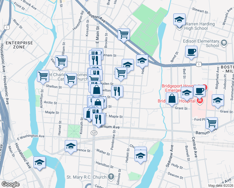 map of restaurants, bars, coffee shops, grocery stores, and more near 1167 Pembroke Street in Bridgeport