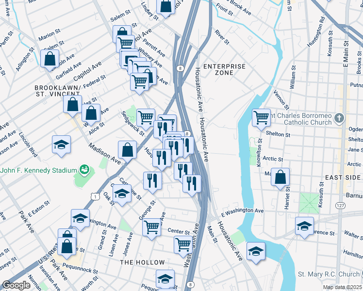 map of restaurants, bars, coffee shops, grocery stores, and more near 1930 Main Street in Bridgeport