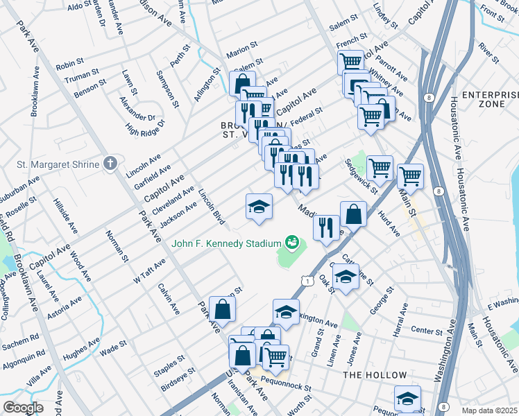 map of restaurants, bars, coffee shops, grocery stores, and more near 120 Morgan Avenue in Bridgeport