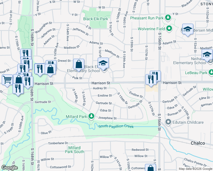 map of restaurants, bars, coffee shops, grocery stores, and more near 16021 Audrey Street in Omaha