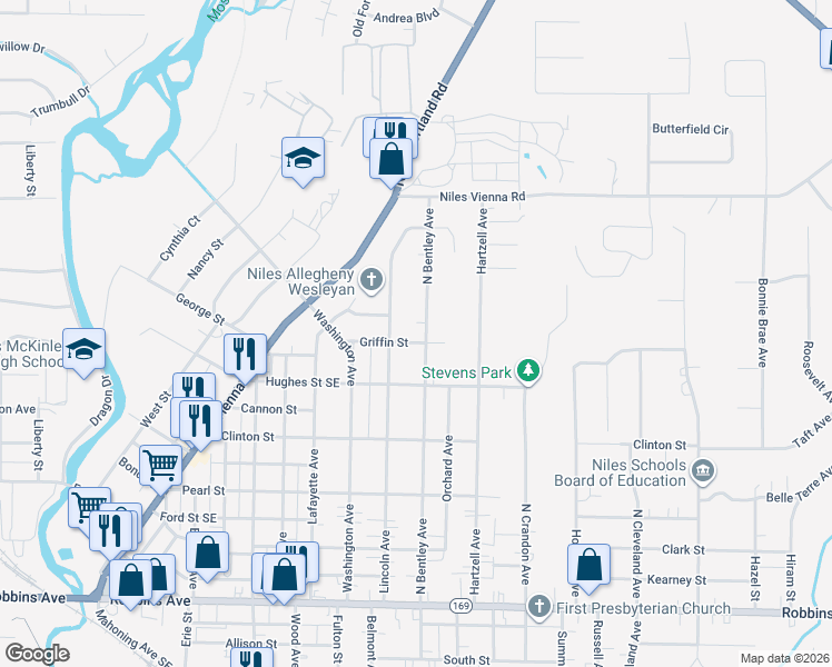 map of restaurants, bars, coffee shops, grocery stores, and more near 737 North Bentley Avenue in Niles