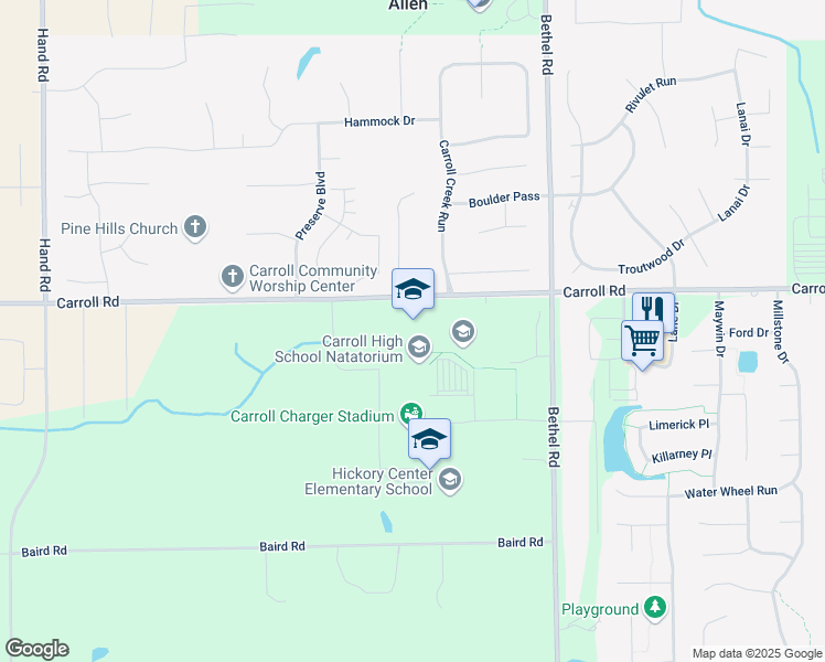 map of restaurants, bars, coffee shops, grocery stores, and more near 3701 Carroll Road in Fort Wayne