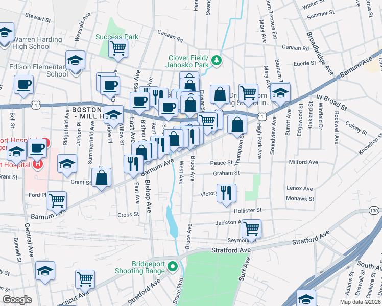 map of restaurants, bars, coffee shops, grocery stores, and more near 421 Bruce Avenue in Stratford