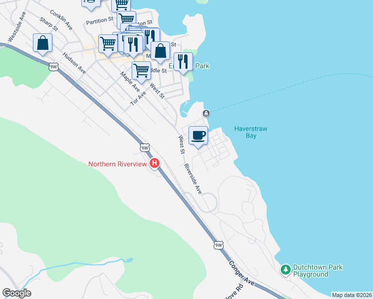 map of restaurants, bars, coffee shops, grocery stores, and more near 204 West Street in Haverstraw