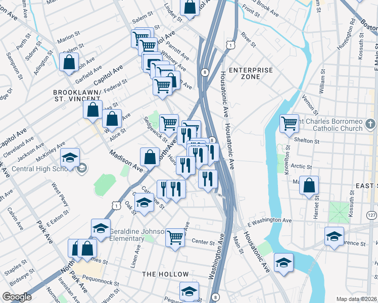 map of restaurants, bars, coffee shops, grocery stores, and more near 1995 Main Street in Bridgeport