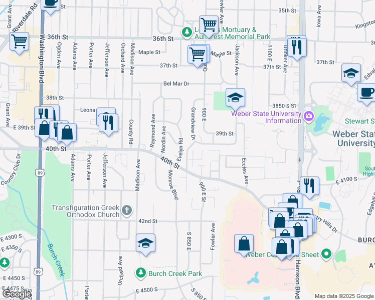 map of restaurants, bars, coffee shops, grocery stores, and more near 2721 South Gramercy Avenue in Ogden