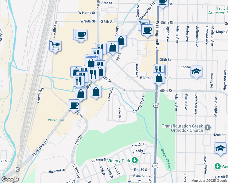 map of restaurants, bars, coffee shops, grocery stores, and more near 194 Country Club Drive in Ogden