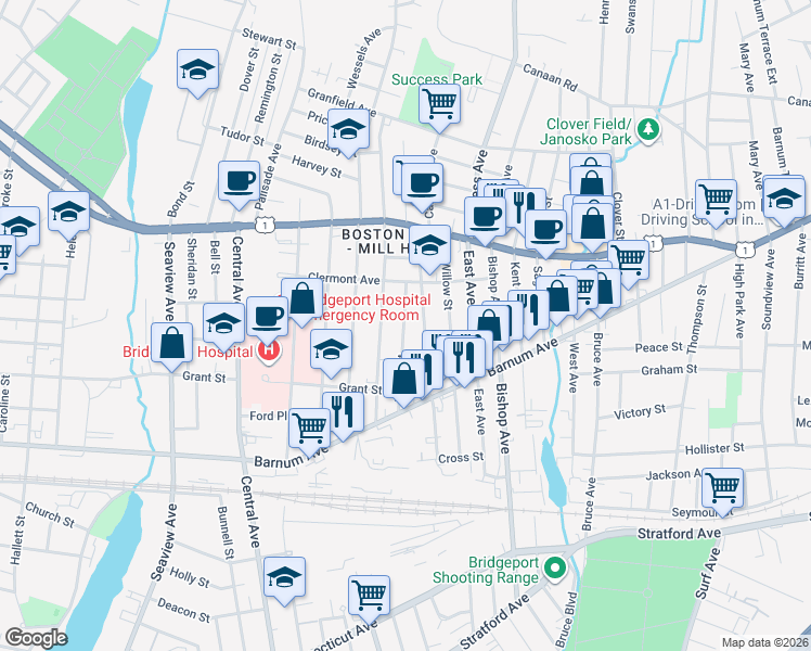 map of restaurants, bars, coffee shops, grocery stores, and more near 146 Prince Street in Bridgeport