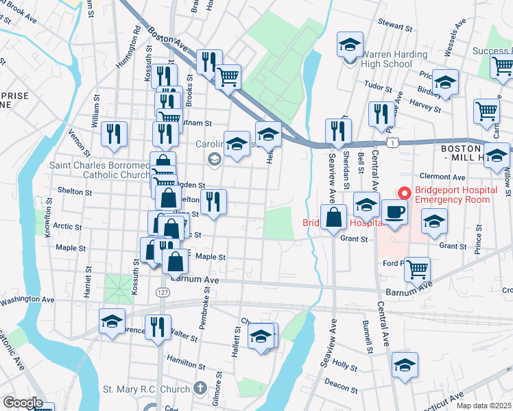 map of restaurants, bars, coffee shops, grocery stores, and more near 265 Helen Street in Bridgeport