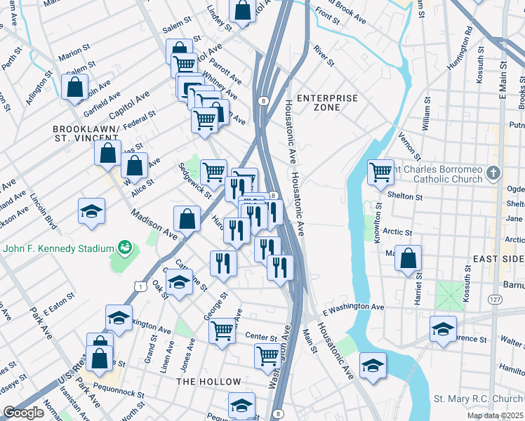 map of restaurants, bars, coffee shops, grocery stores, and more near 1930 Main Street in Bridgeport