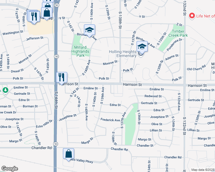 map of restaurants, bars, coffee shops, grocery stores, and more near 13905 Emiline Street in Omaha