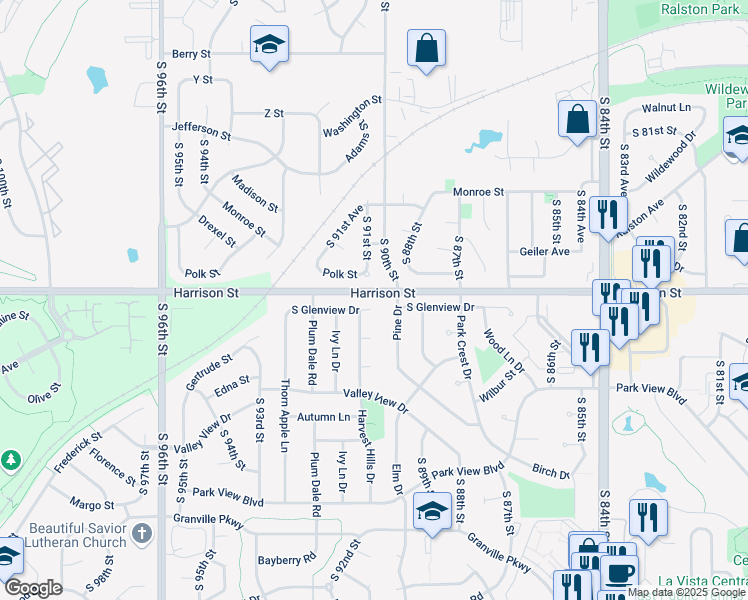 map of restaurants, bars, coffee shops, grocery stores, and more near 9101 South Glenview Drive in La Vista