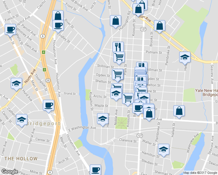 map of restaurants, bars, coffee shops, grocery stores, and more near 15 Jane Street in Bridgeport