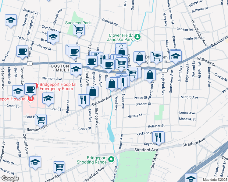 map of restaurants, bars, coffee shops, grocery stores, and more near 2440 Barnum Avenue in Stratford