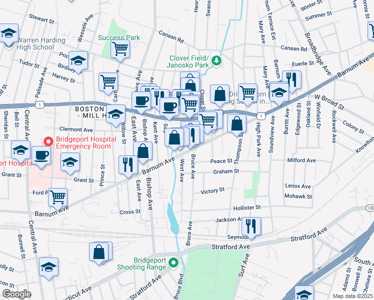 map of restaurants, bars, coffee shops, grocery stores, and more near 2352 Barnum Avenue in Stratford
